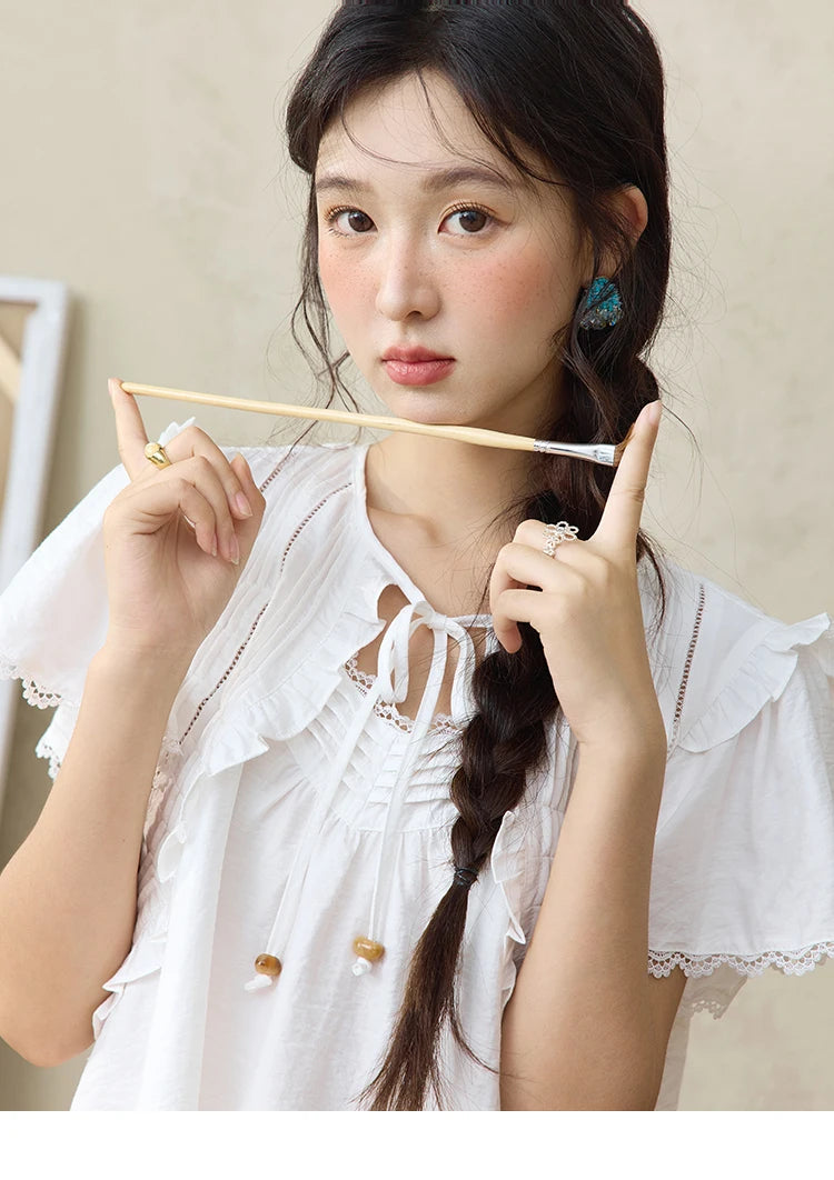 MISHOW White Lace Up Blouse Women's 2025 Summer New Fashion Butterfly Sleeve Hollow Lace Splicing Top Female Clothing MXE34X1784