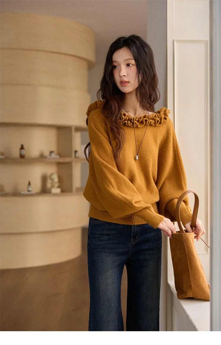 MISHOW Pullovers Women 2025 French Style Orange Lotus Edge Crew Neck Lantern Sleeves Top Slim Luxury Women's Sweaters MXE86Z2726
