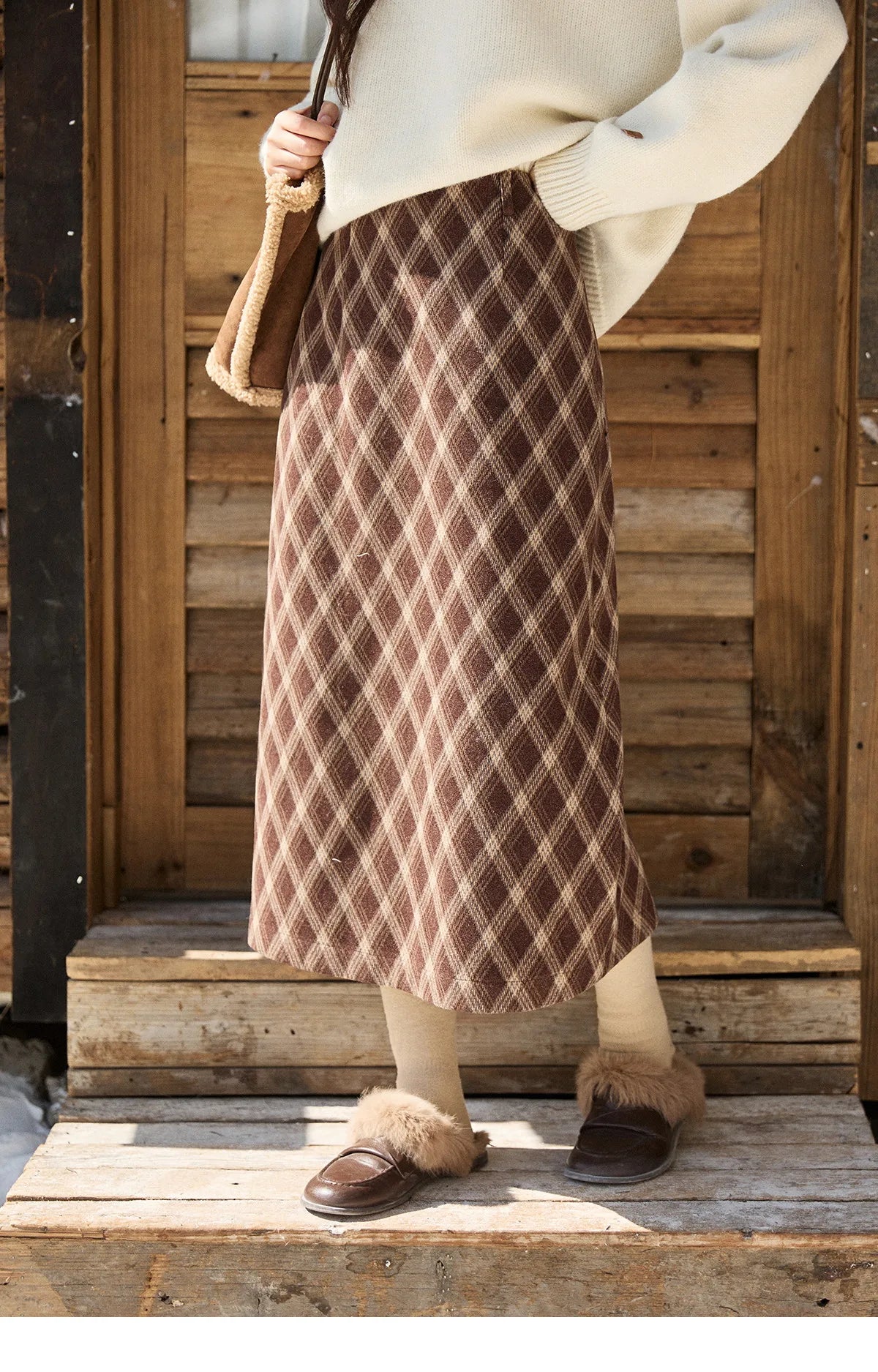 MISHOW Women's Brown Plaid Wool Blend Skirt 2025 Winter High Waist Slim A-Line Back Hem Split Back Elastic Midi Skirt MXE94B2461