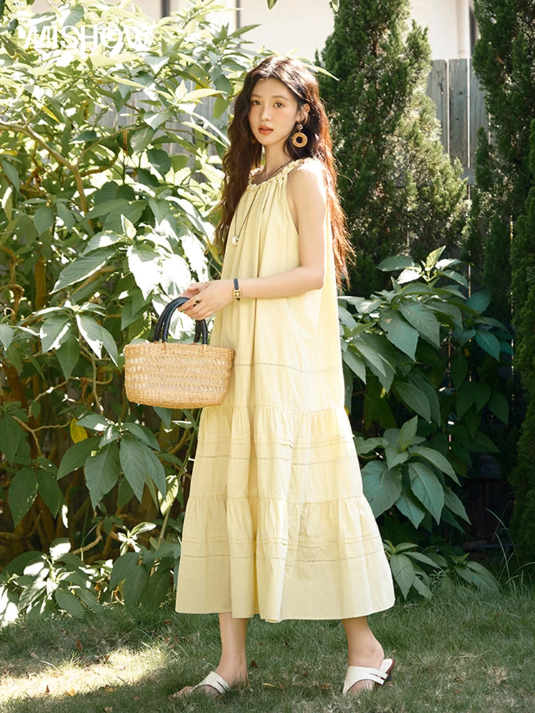 MISHOW Women's Twists Neck Strap Dress 2025 Summer New Female Fashion Sleeveless Twist Hollow Lace Up Cake Dresses MXE39L2383