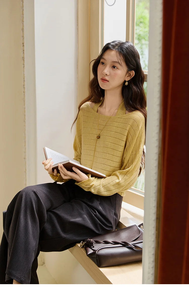 MISHOW Striped Short Hanging Neck Top Two-piece Set 2025 Autumn Wool Blend Knitted Sweater Casual Fashion Top Sets MXE46T1399