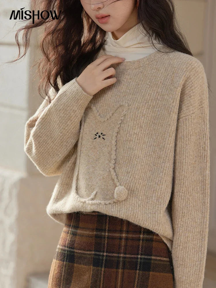 MISHOW Gentle Sweet Sweater Women's 2024 Autumn Winter Cute Emboridery Cartoon Dropped Sleeves Pullovers Sweater Tops MXD54Z0953