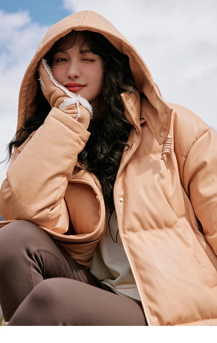 MISHOW Women's Winter Down Jacket 2023 Hooded Short White Duck Down Coats Imitation Protein Leather Puffer Jackets MXC52Y0008