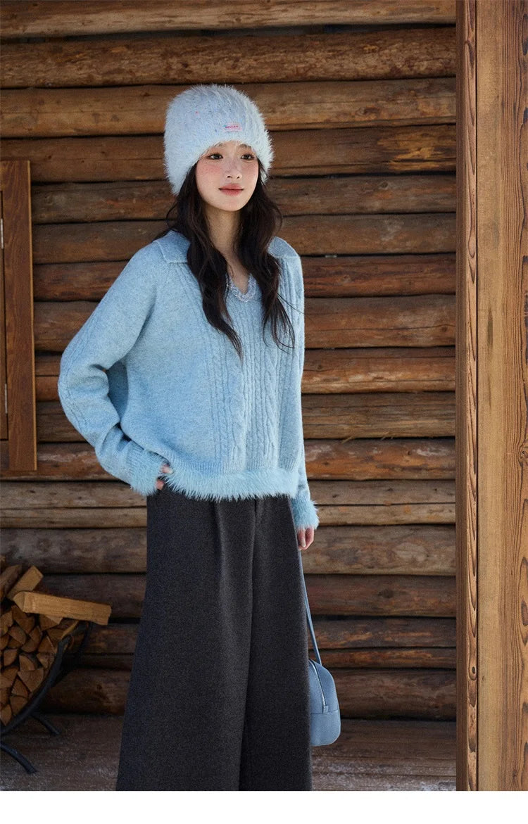 MISHOW Luxury Women's Sweaters 2025 Winter Blue Polo Collar Cable Knit Faux Mink Pullovers Loose Commute Tops Lady MXE88Z2756