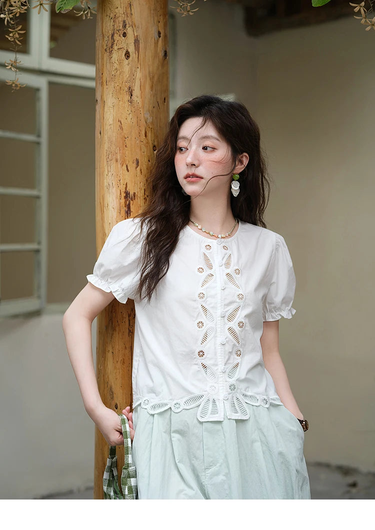 MISHOW 100%Cotton Hollow Embroidery Round Neck Shirt for Women 2025 Summer Puff Sleeve Casual Top Women's Clothing MXE39X1938