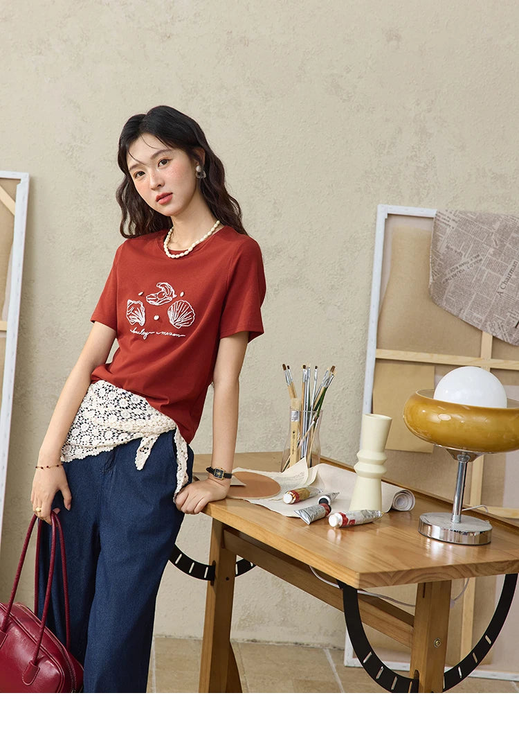 MISHOW Women's Shell Embroidered T-shirt 2025 Summer Short Sleeve Cotton Blend Tops Loose Slim Round Neck Casual Tees MXE34T0570