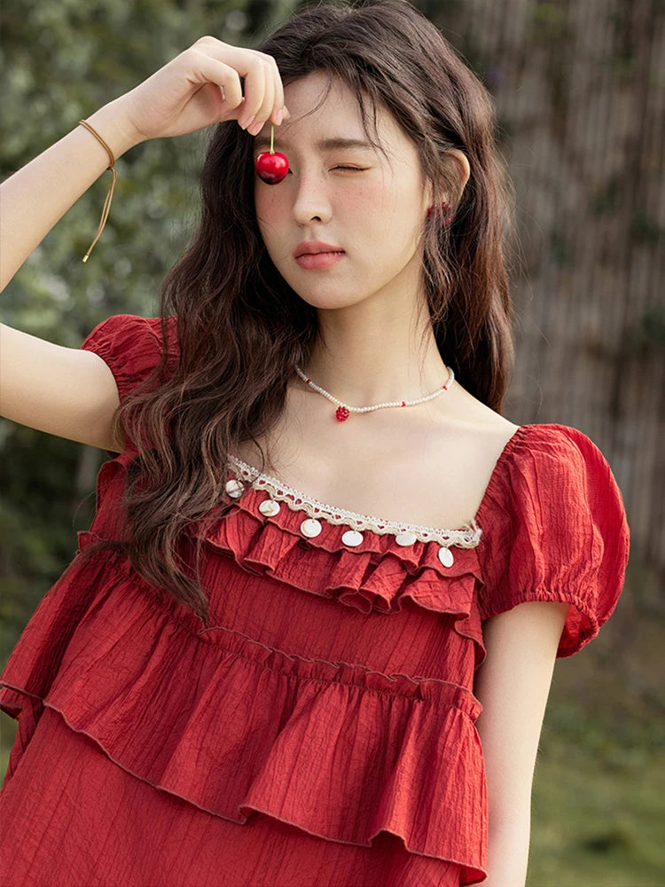 MISHOW Female Fashion Square Collar Loose Blouse 2025 Summer New Commute Puff Sleeve Tierred Top Women's Clothing MXE33X1763