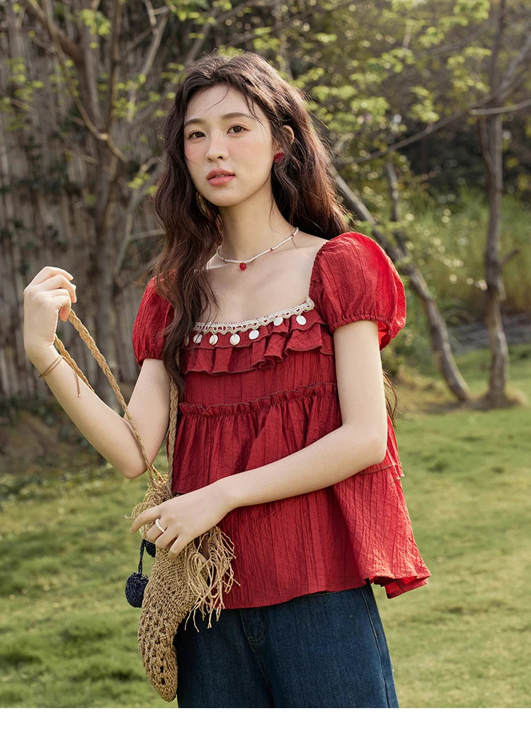 MISHOW Female Fashion Square Collar Loose Blouse 2025 Summer New Commute Puff Sleeve Tierred Top Women's Clothing MXE33X1763
