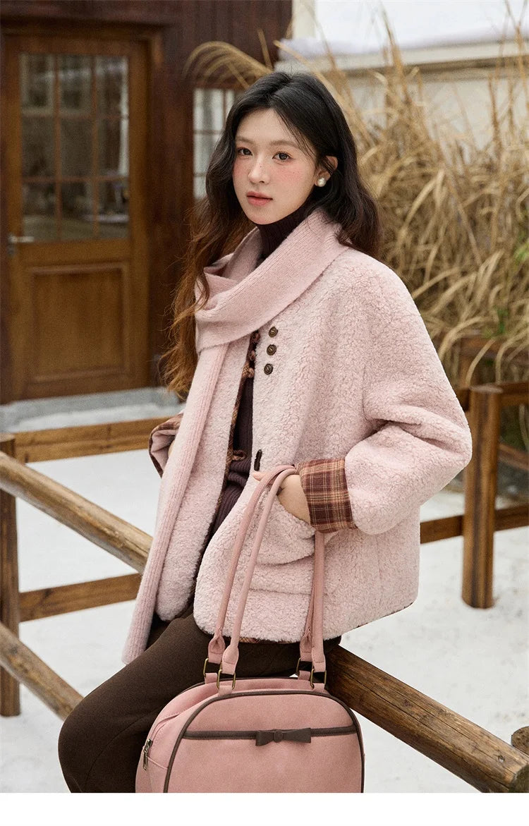 MISHOW Woman Plaid Patchwork Lamb Wool Coat 2025 Winter Round Neck Coat Commute Warm Loose Jacket （Without A Scarf）MXE90W0923