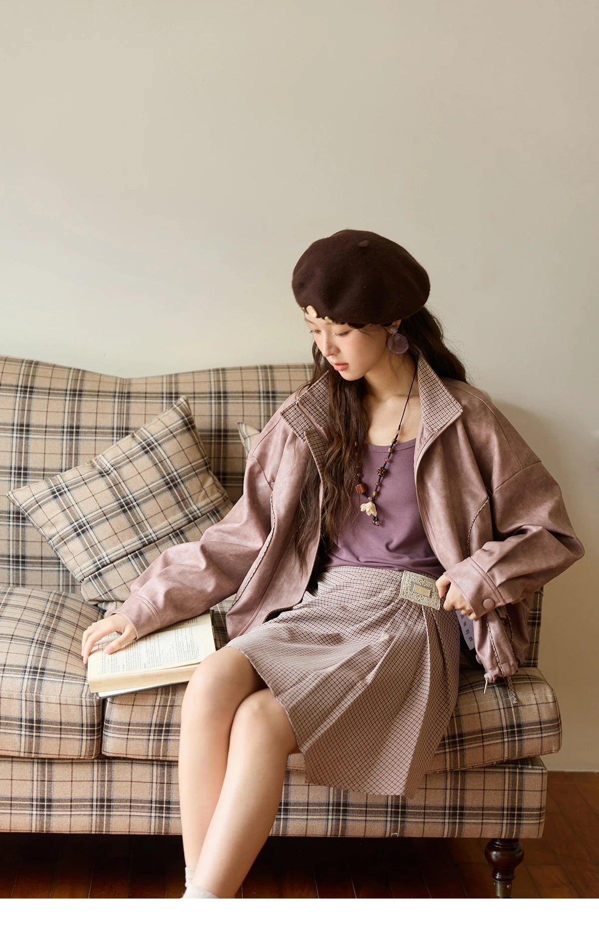 MISHOW Women's Dyed Leather Jackets 2025 Autumn Short Contrasting Plaid Lapel Jacket Fashion Loose Bow Pockets Coat MXE44W0818