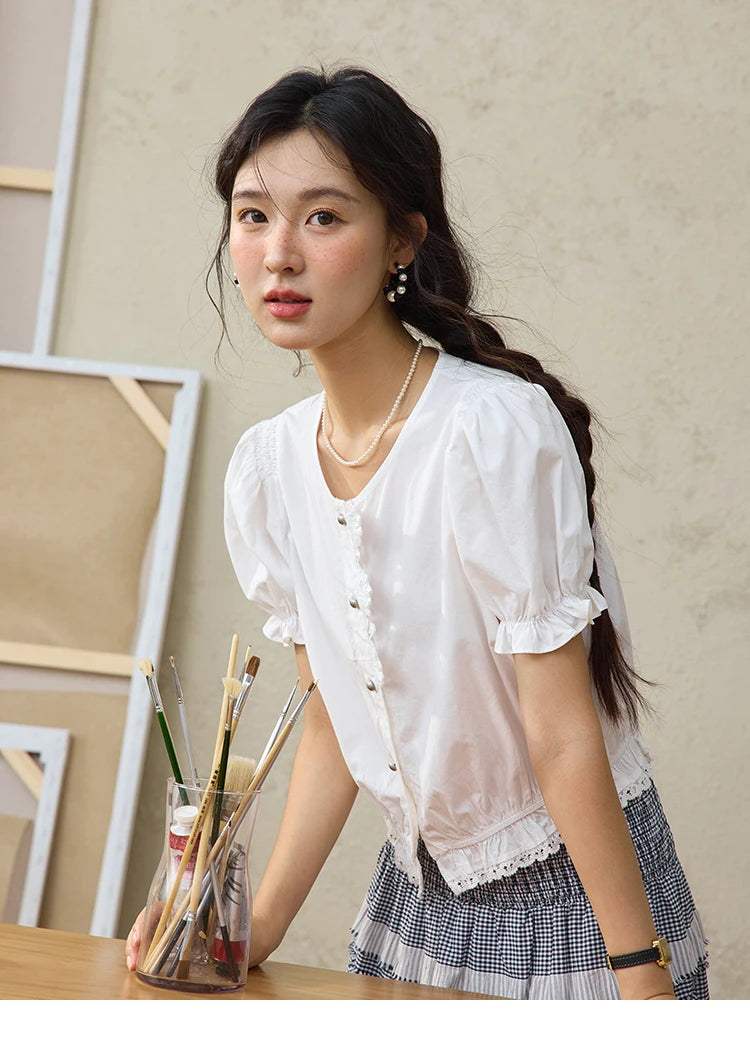 MISHOW Sweet Lace Pufff Sleeve Shirt Summer 2025 Flower Single Breasted Buttons Short Shirts Hem Elastic Waist Tops MXE34X1820