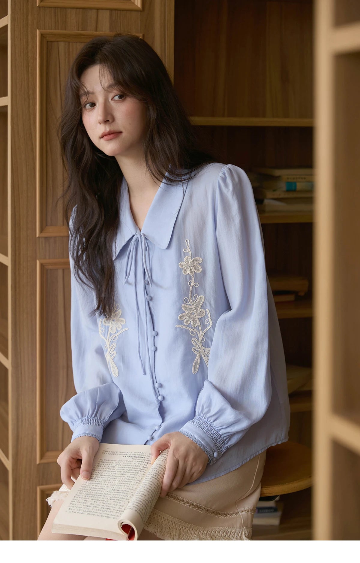 MISHOW Women's 100% Lyocell T-Shirt 2025 Autumn Flower Embroidered Tops Puff Sleeves Lapel Lace-up Shirts Office Lady MXE42C2371