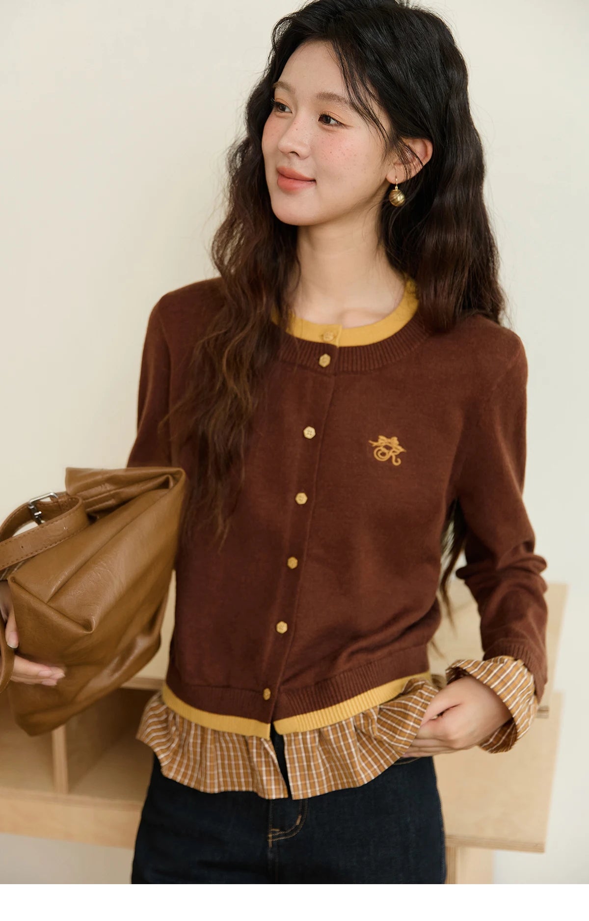 MISHOW Fake Two Knitted Sweaters Autumn Retro Color Contrasting Bow Embroidered Sweater Hemp Cuff Splicing Plaid Top MXE46Z2495