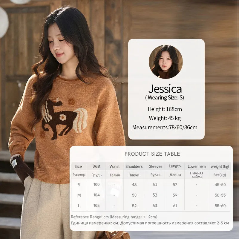 MISHOW Women's Horse Pattern Knit Sweater Winter Crew Neck Sweaters Collar Cuffs Splice Contrasting Faux Mink Fur Top MXE94Z2863