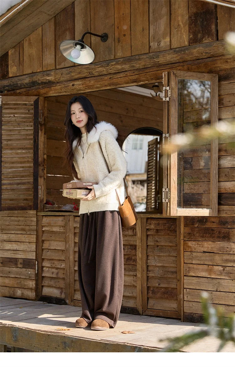 MISHOW Women's Beige White Cardigan Winter Fur Hood Zipper Warm Loose Outerwear Towel Embroidered Knitted Cardigan MXE94Z2963