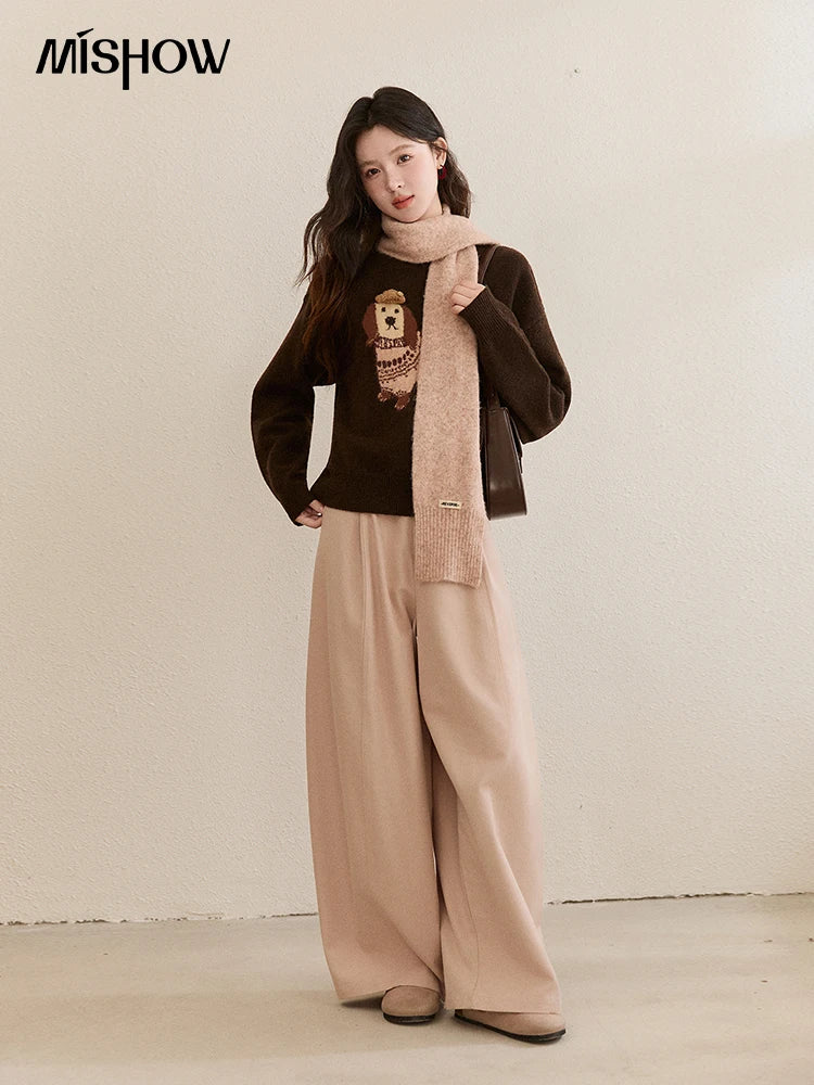 MISHOW Women's French Crew Neck Pullover Sweaters 2025 Winter Loose Dog Jacquard Knitted Top (Scarf Not Included) MXE94Z2890