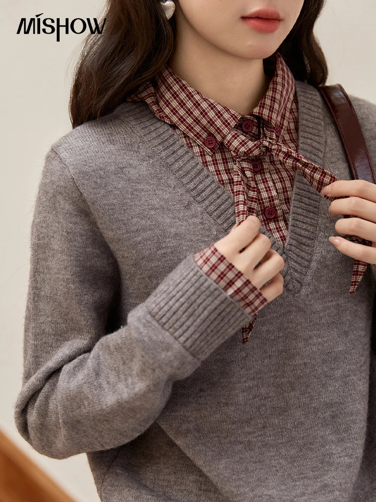 MISHOW Fake Two-piece Knitted Sweater for Women 2025 Winter Plaid Turn-down Collar Splicing Detachable Scarf Sweater MXE89Z2605