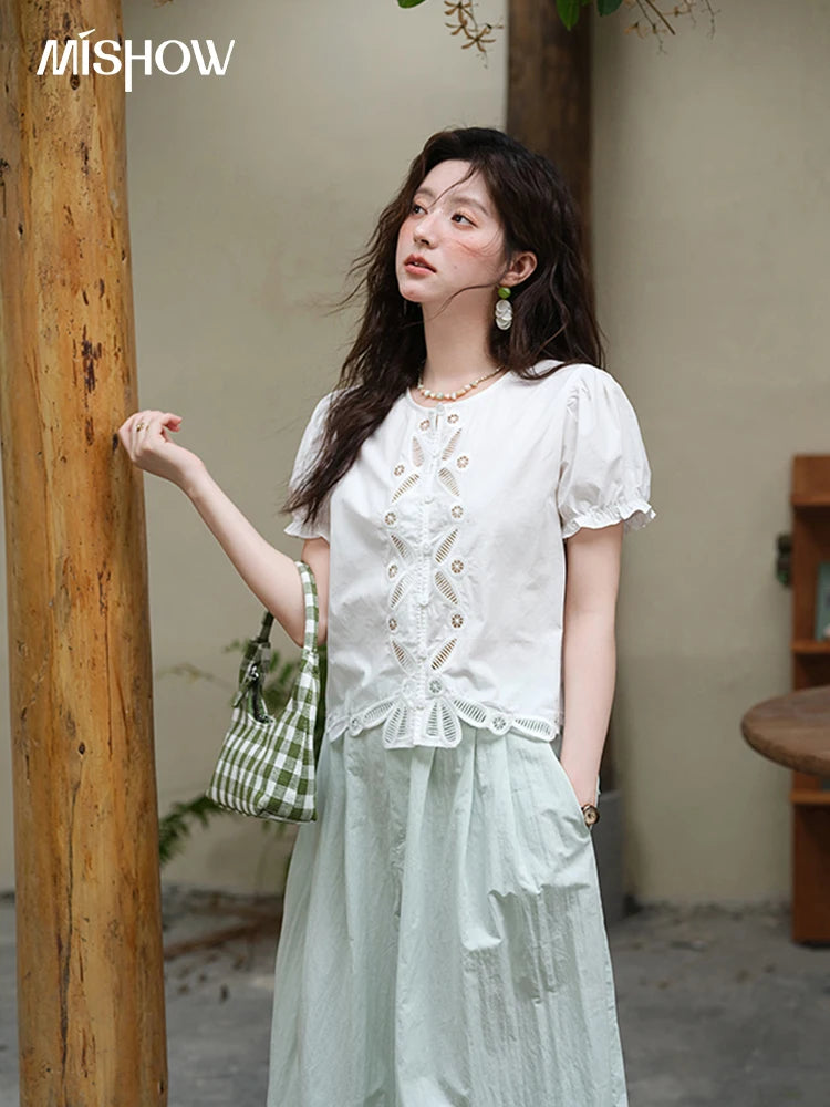 MISHOW 100%Cotton Hollow Embroidery Round Neck Shirt for Women 2025 Summer Puff Sleeve Casual Top Women's Clothing MXE39X1938
