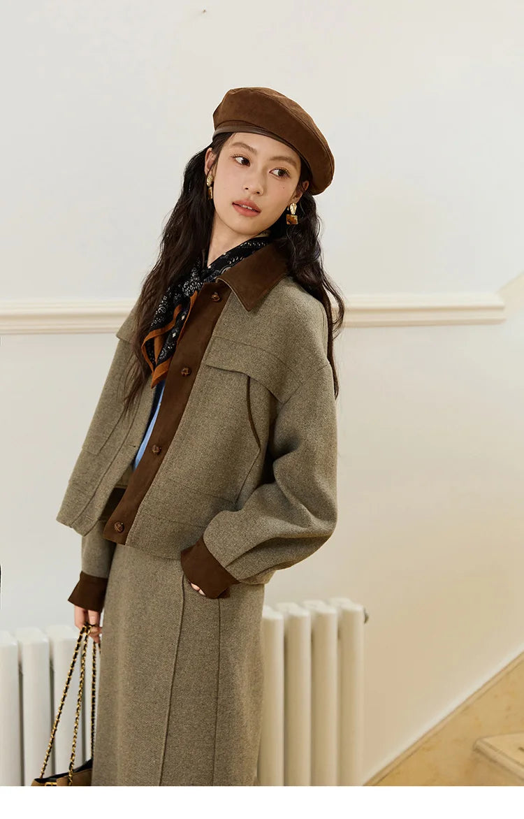 MISHOW Wool Woolen Coat for Women 2025 Autumn Contrasting Suede Patchwork Retro Short Top Lapel Loose Warm Coats MXE46W0844