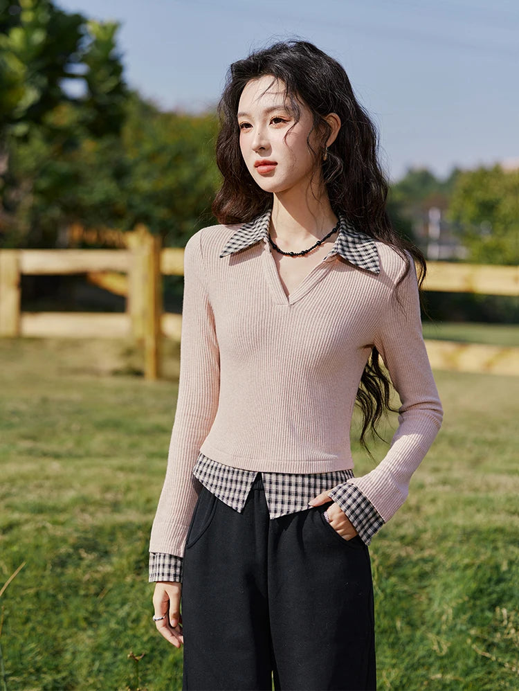 MISHOW Plaid Splicing Fake Two-piece Tops for Women Spring 2025 Contrasting Colors Slim Thin Top V-neck Casual Tees MXE13Z1108