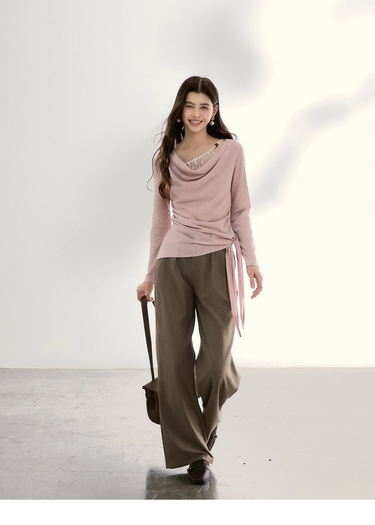 MISHOW Women's Splicing Lace Trim Draped Neck Long Sleeve Tops 2026 Spring Side Tie Ruched Irregular Casual Slim Tees MXF13Z2995