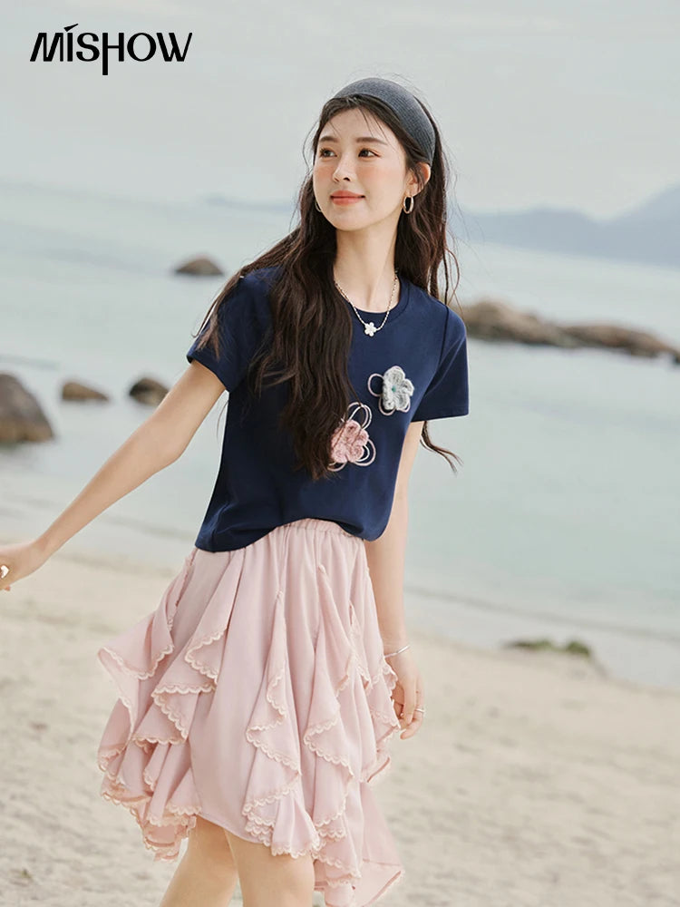 MISHOW Casual Summer Print T-shirts Women New 2025 Short Sleeve Round Neck Flower Beaded Shirts Female Fashion Tops MXE33T0499