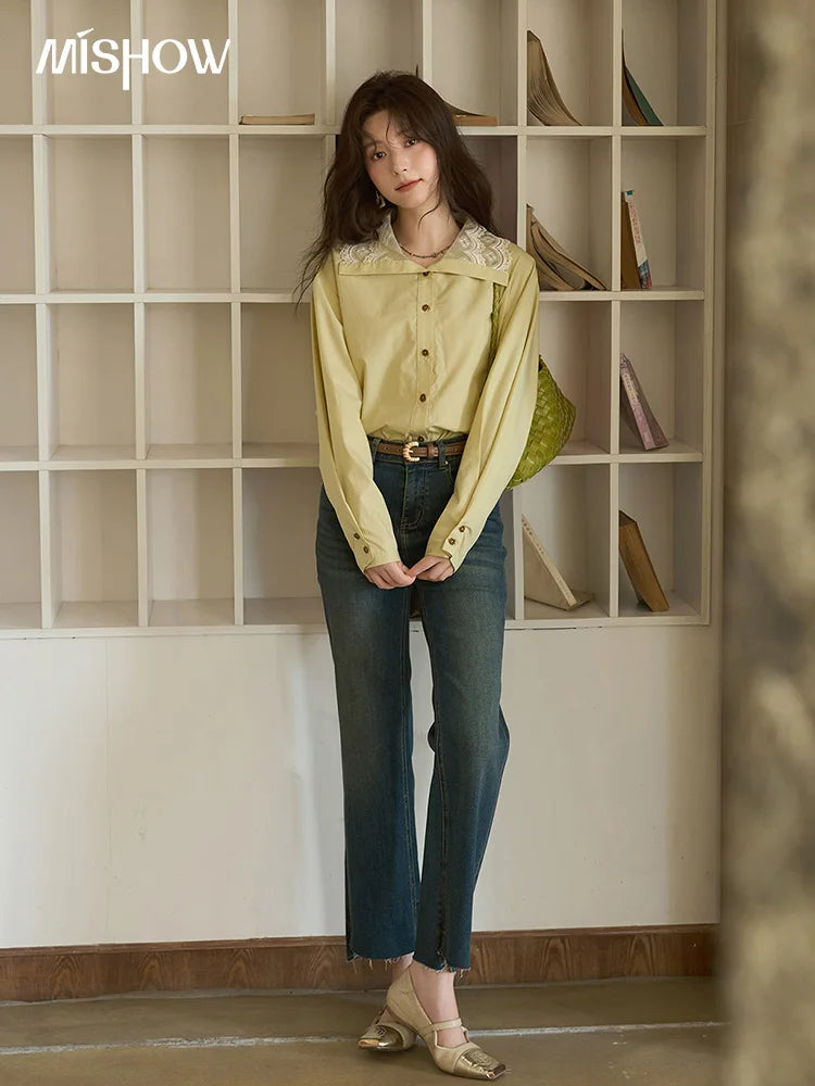 MISHOW Autumn Solid Cotton Shirt Autumn V-neck Double-layer Lace Retro Design Shirts Single Breasted Tops Office Lady MXE41C2366