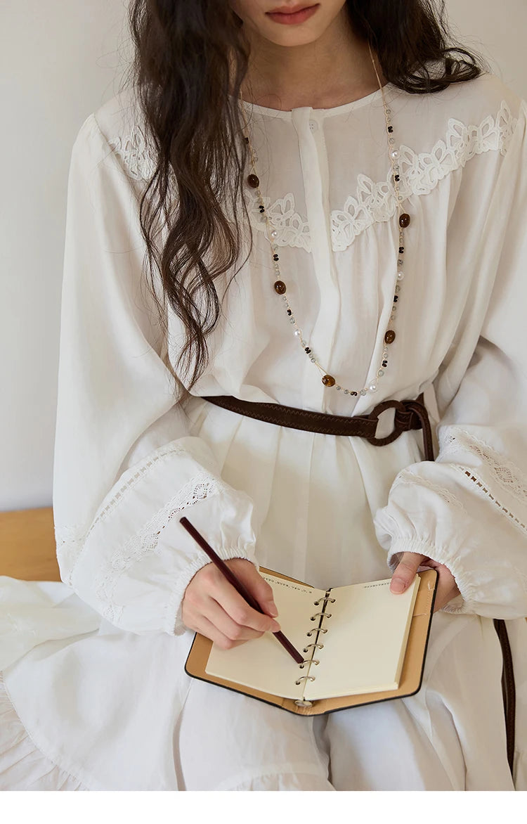 MISHOW Woman White Dress 2025 Autumn French Style O-neck Lace Ruffled Lantern Sleeves Dress Long Sleeves Party Dress MXE46L2519