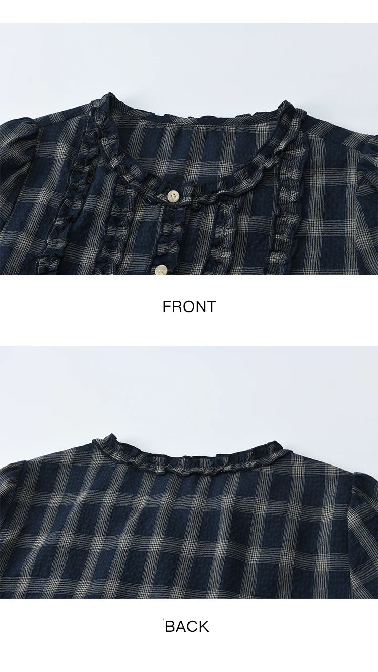 MISHOW Women's Vintage Blue Plaid Shirt 2025 Autumn New Elegant Luxury Loose Waist Shirts Round Neck Long Sleeved Top MXE45X2480