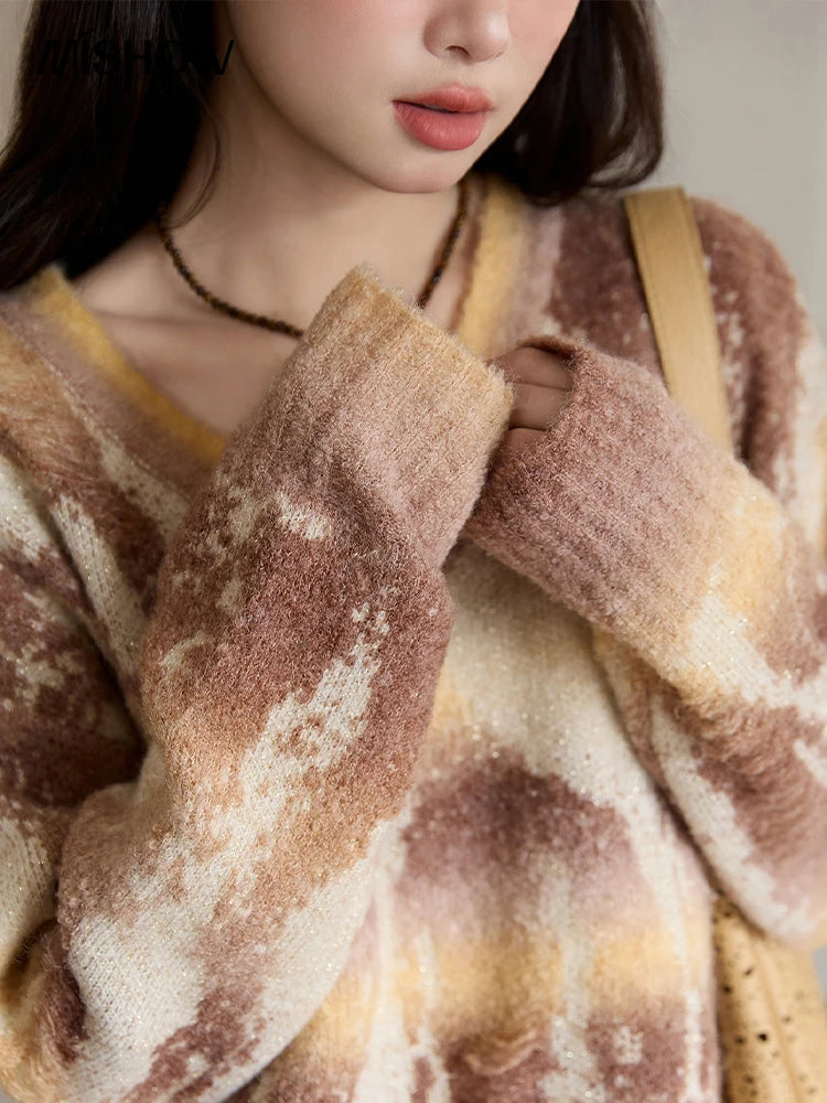 MISHOW Yellow Coffee Gradient Sweater Women 2025 Autumn Winter New V-neck Cable Knit Top Retro Commute Loose Sweater MXE51Z2627