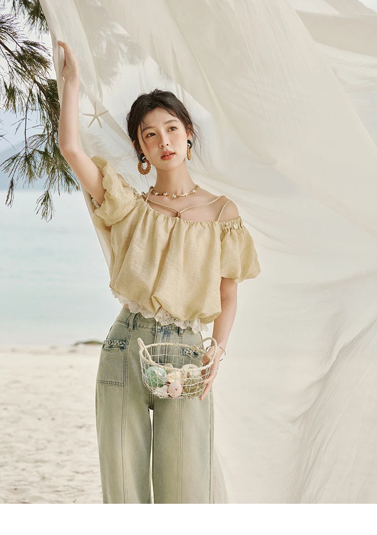 MISHOW French Summer Camisole Shirt Female 2025 New Solid Off-shoulder Short Sleeve Lace Tops Fashion Gentle Blouses MXE33X1755