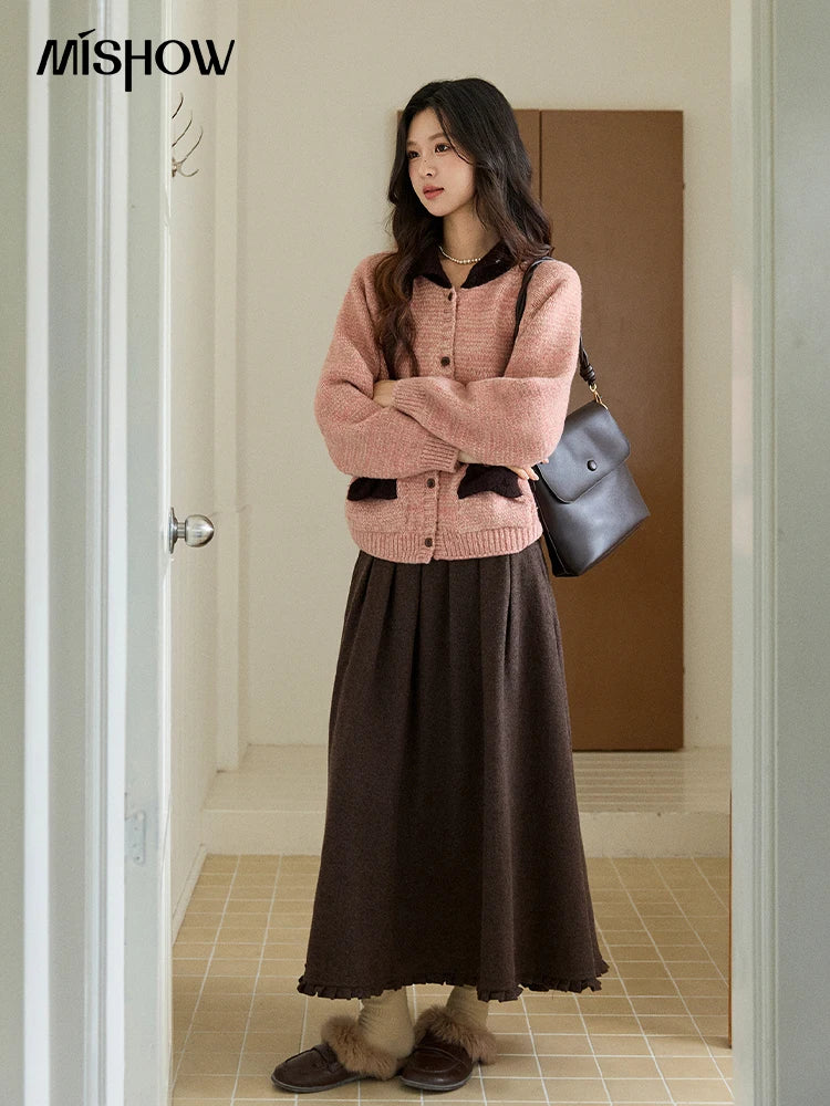 MISHOW Women's Pink Knitted Cardigan Autumn Winter Contrast Collar Bow Pocket  Top Single-breasted Loose Warm Sweater MXE94Z2957