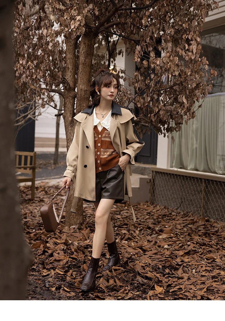 MISHOW Trench Coats for Women Autumn Korean Office Lady Polo Collar Patchwork Long Mid-length Jacket Female Outerwear MXB33W0399