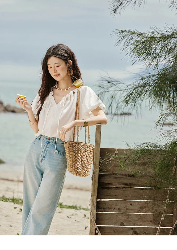 MISHOW Solid French Summer Blouses Woman 2025 New Short Puff Sleeve V-neck Beaded Retro Shirts Women Fashion Tops MXE33X1757