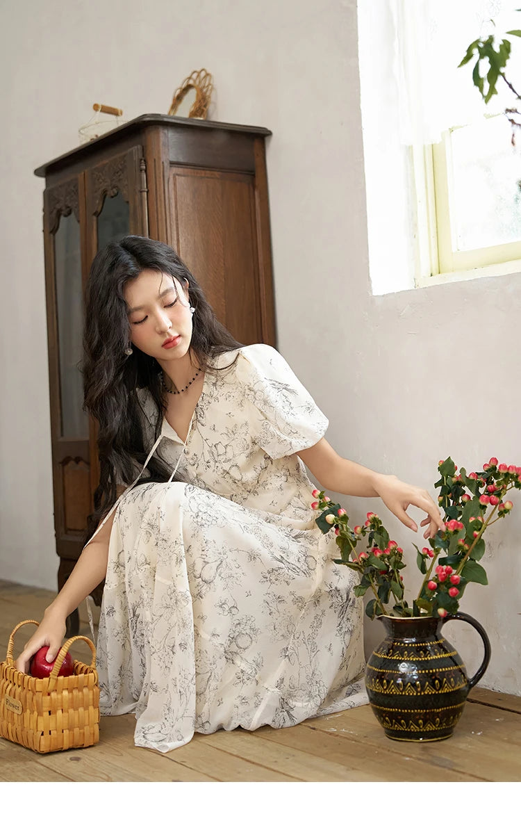 MISHOW Women's Print Chiffon Dresses 2025 Summer New Floral Short Sleeve Mid-length A-line Lace-up French Lady Dress MXD27L1841