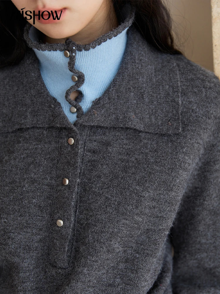 MISHOW Elegant Women's Sweaters 2025 Autumn Designer Knitted Double-layer Turn-down Collar Loose Long Sleeves Tops  MXE45Z2502