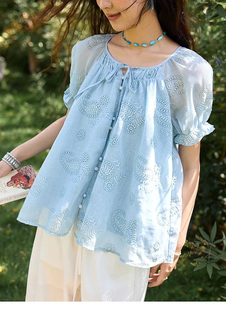 MISHOW Embroidery Flower Shirt for Women 2025 Summer New Fashion Loose Puff Sleeve Round Neck Top Female Clothing MXE39X1922