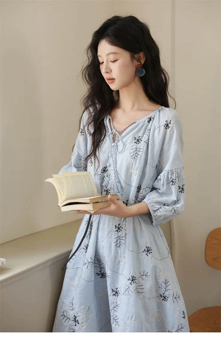 MISHOW Blue Flower Embroidered Dress 2025 Autumn Seven Cent Lantern Sleeve Tassel Tie Rope V-neck Dresses with Belt MXE42L2493