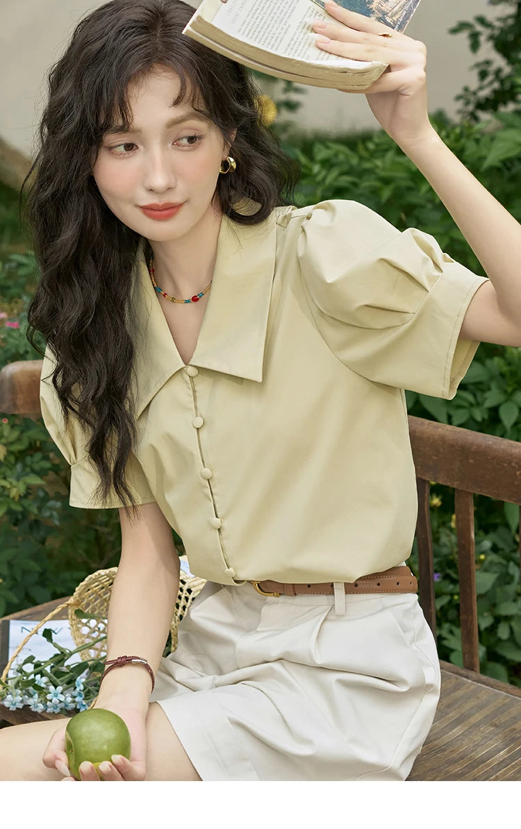 MISHOW Bubble Sleeve V-neck Commuting Shirts for Women 2025 Summer Retro Lapel Neck Short Sleeve Loose Solid Tops MXD28X1471