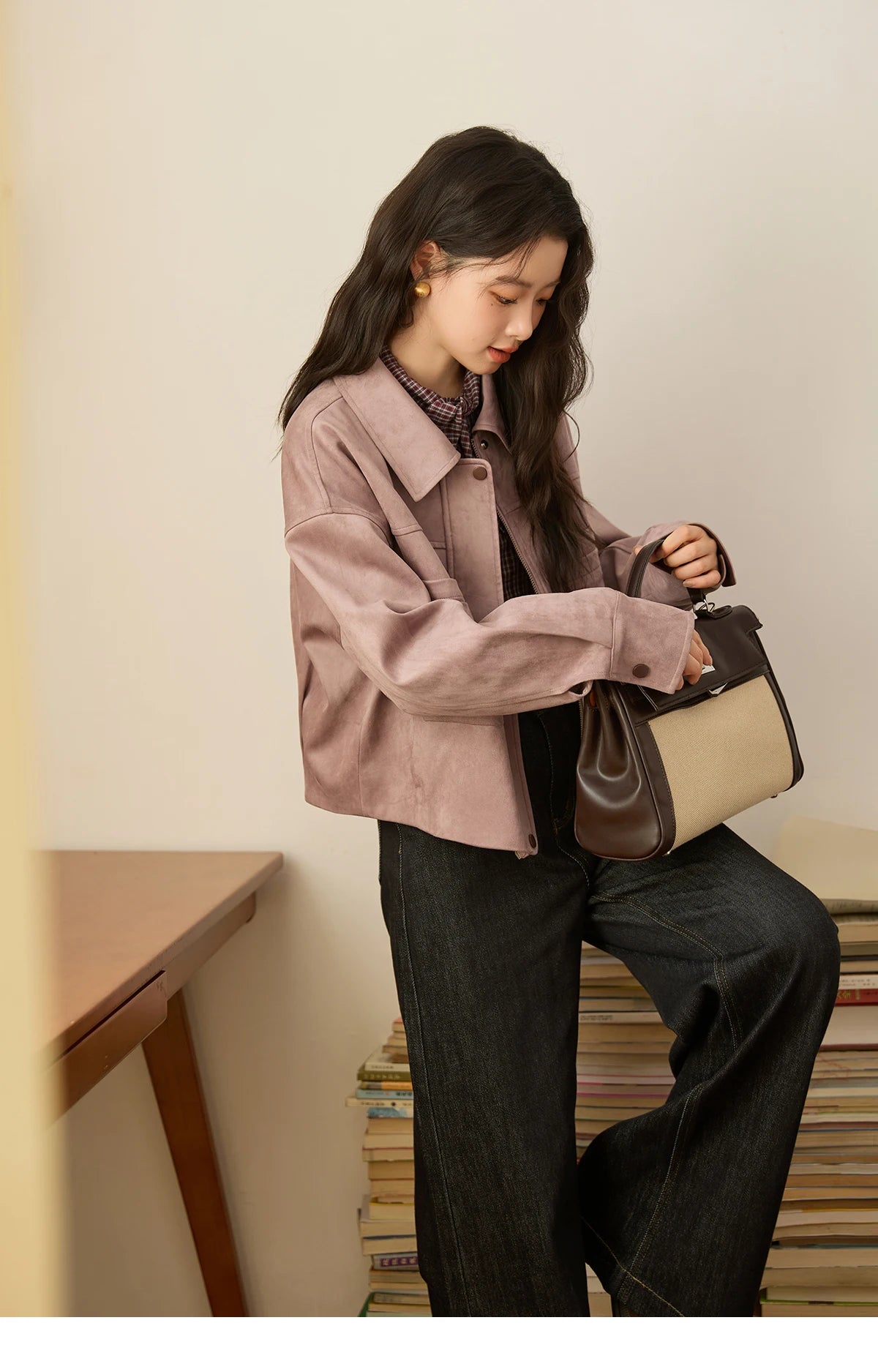 MISMHOW Taro Purple Leather Jacket Autumn 2025 Contrasting Splic Short Jackets Symmetrical Double-layer Pocket Coat MXE44W0816