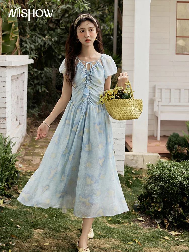 MISHOW V-Neck Lace-Up Puff Sleeve Midi Dress MXE34L2227