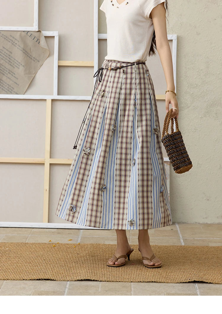MISHOW Retro Plaid Patchwork Pleats Skirt Summer 2025 Versatile Flowers Slim Skirt A-LINE Skirts Excluding Waist Belt MXE35B0726