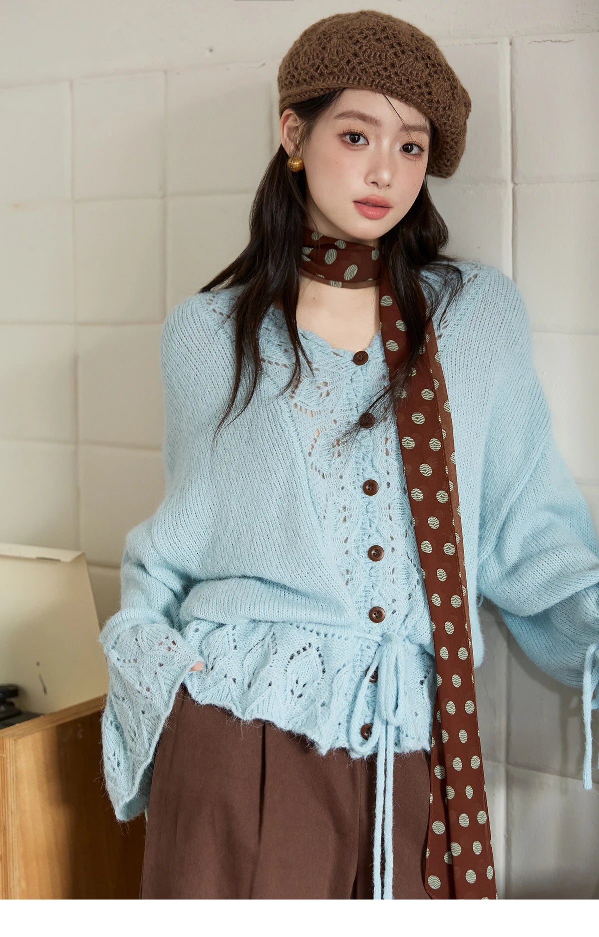 MISHOW Elegant Cardigan Women 2025 Autumn Design Hollow Knit Sweater V-neck Flared Sleeves Loose Casual Sweater MXE47Z2513