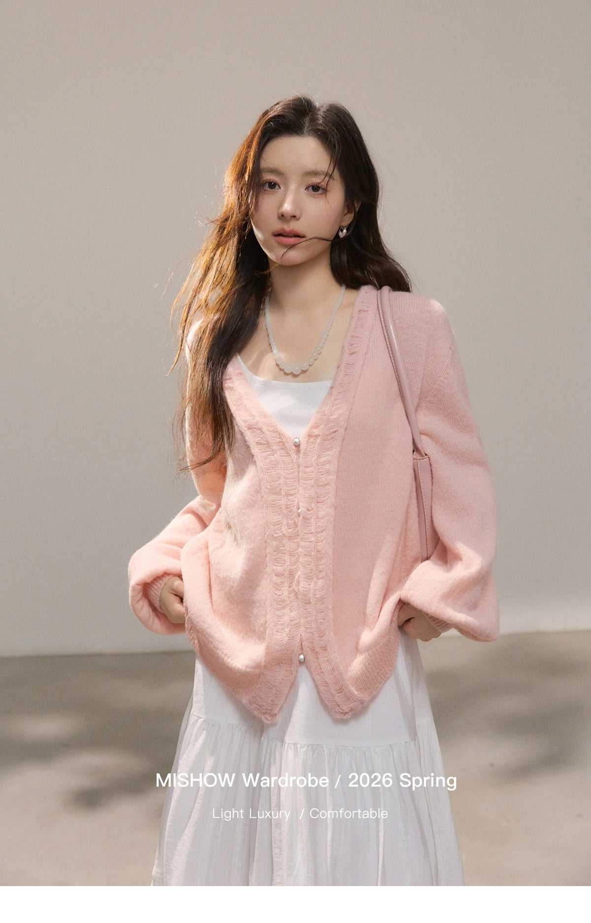 MISHOW Women's Pink Sweet Knit Cardigan 2026 Spring V-Neck Ruffled Trim Pearl Button Cardigans Loose Knitted Sweater MXF108Z1028