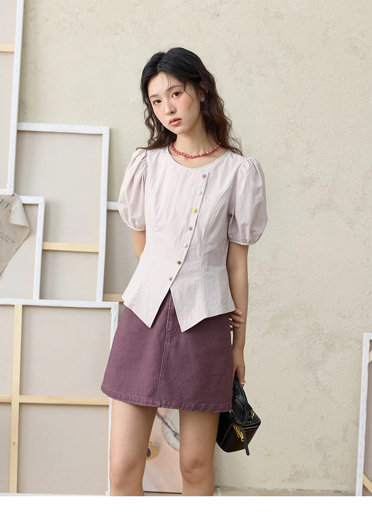 MISHOW Bubble Sleeves  Blouses for Women Summer 2025 Irregular Placket Tops Rainbow Button Solid Blouse Office Lady MXE34X1782