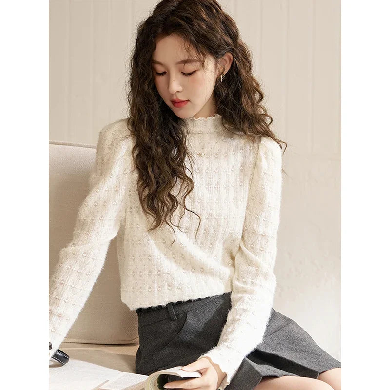 MISHOW Lace Bottoming Shirt Women Autumn Winter Mock Neck Long Sleeve Knitted Pullover French Warm Inner Top Female MXC58Z0481