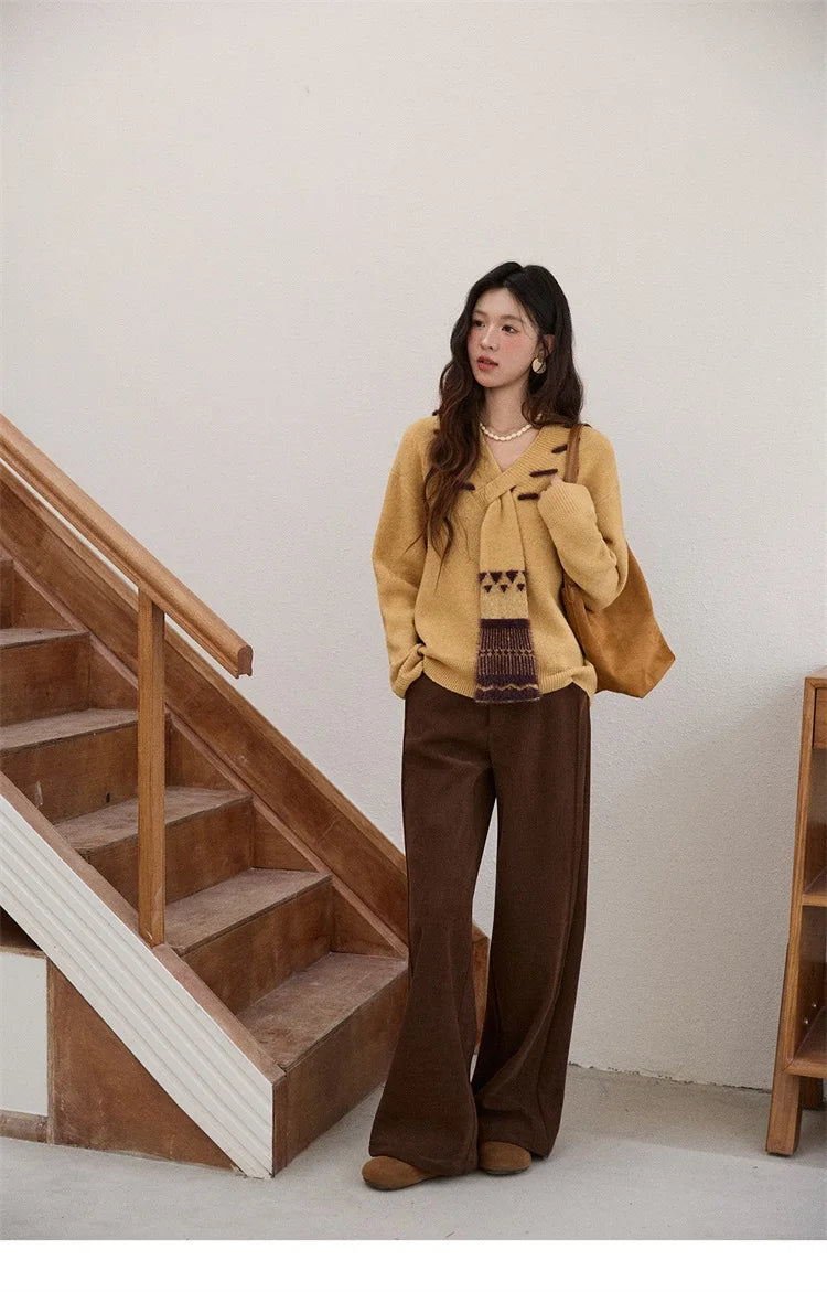MISHOW Women V-neck Knit Top 2025 French-style Elegant Workwear Long-sleeved Yellow Pullover Women's Winter Clothing MXE87Z2771
