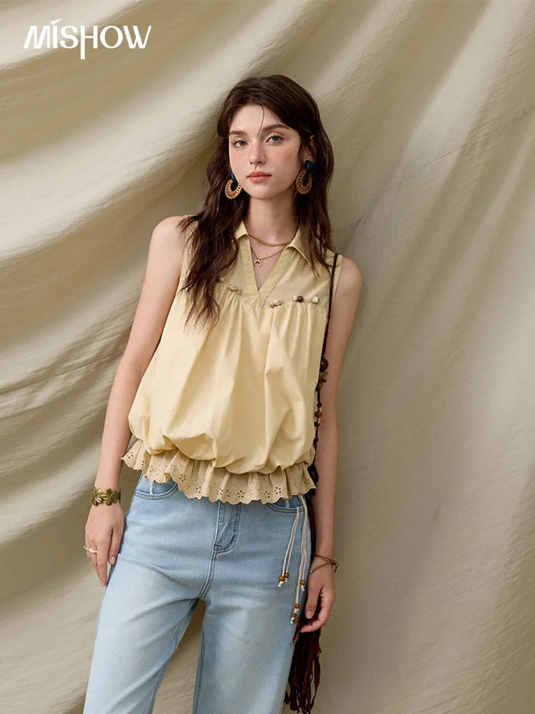 MISHOW Office Lady New Blouse Women Summer New Sleeveless Turn-down Collar Hollow Lace Shirts Female Slimming Fashion MXE31X1760