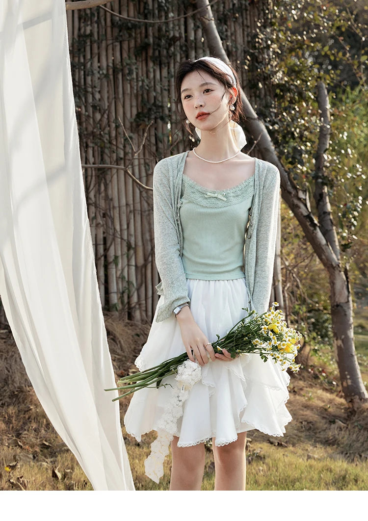 MISHOW Light Green Camisole Knit Cardigan Two-piece Set Spring Summer 2025 Lace Bow Camisole V-neck Cardigan Sets MXE15T0504