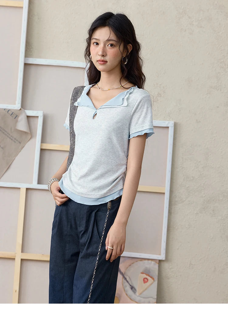 MISHOW Grey Blue Fake Two Piece Contrasting T-shirt for Women Summer 2025 Lapel Wavy Edge Slim Tees Cotton Blend Top MXE35T0567
